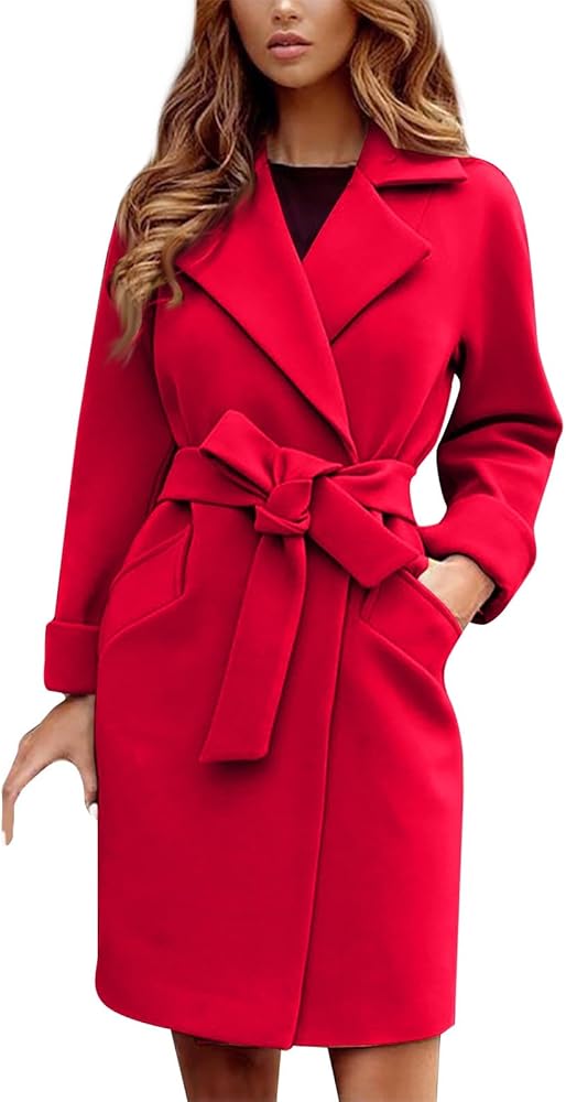 Women's Trench Coat Long Classic Open Front Coat Windproof Lapel Slim Mid-Length Overcoat With Belt, S-2XL