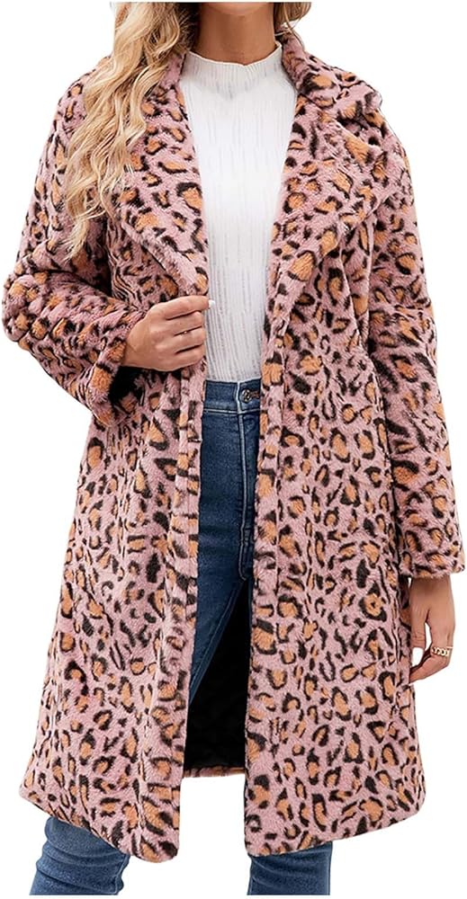 Women's Long Leopard Faux Fur Furry Coat Cardigan Fuzzy Warm Winter Oversized Outwear Fashion Jacket with Pockets Overcoat