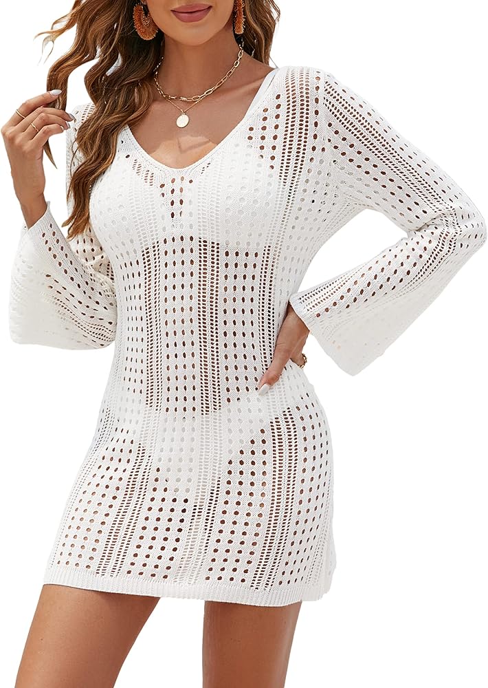 Blooming Jelly Womens Crochet Cover Up Dress Knit Bell Sleeve Backless Bathing Suit Cover Ups Swimsuit 2023 Beach Coverups