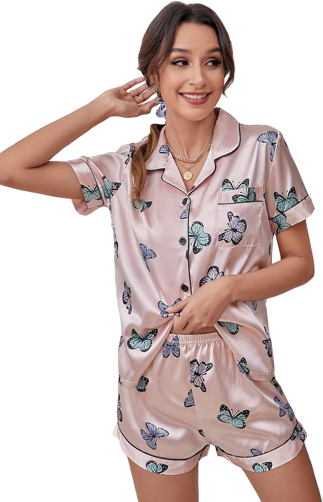 WDIRARA Women's Sleepwear Satin Short Sleeve Shirt and Shorts Cartoon Print Pajama Set