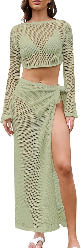 Gihuo Womens Swimsuits Cover Ups Crochet 2 Piece Bikini Coverup Beach Swimwear Hollow Out Bathing Suit Tie Skirt(Green-S)