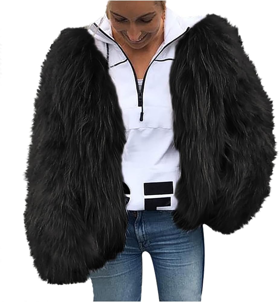 Cropped Faux Fur Jacket Black Shaggy Faux Fur Bubble Jackets Long Sleeve Open Front Outerwear Warm Winter Cardigan