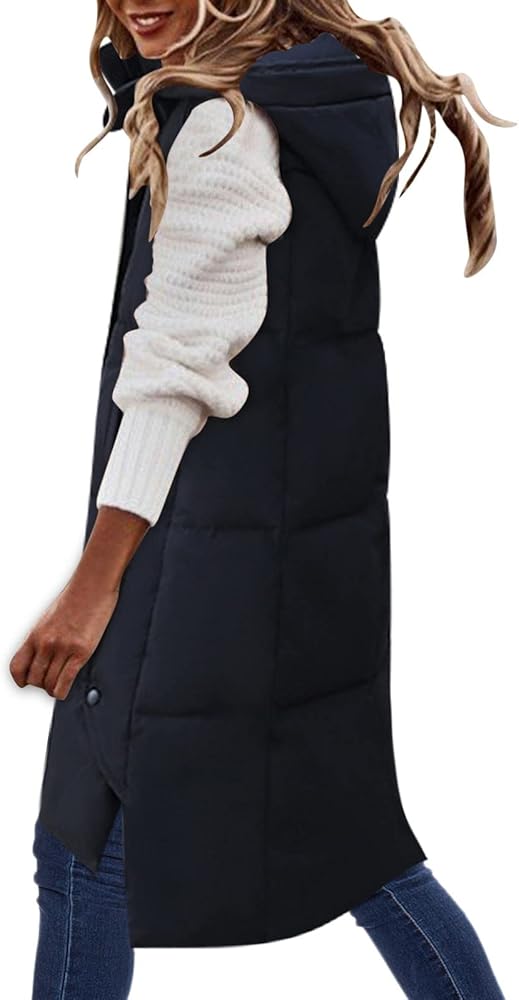 Women's Long Quilted Vest Hooded Sleeveless Puffer Vest Jacket Full-Zip Padded Coat Winter Outerwear Warm Down Vest