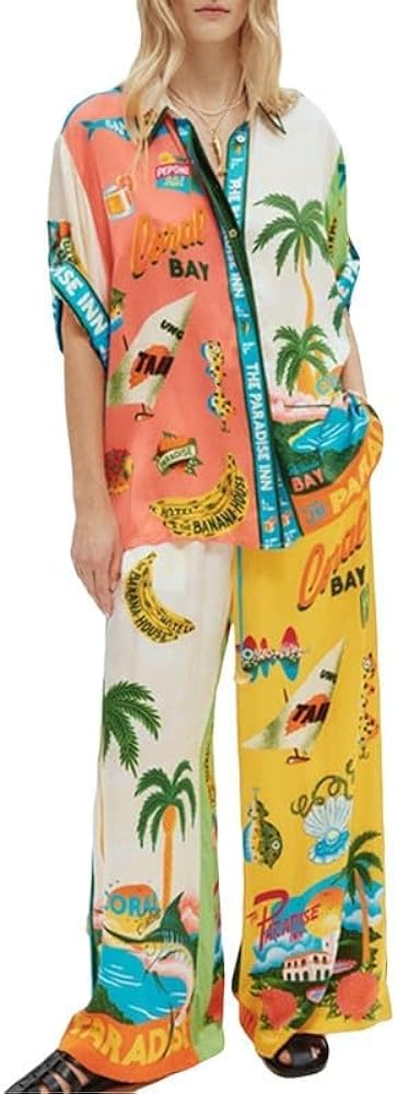 2024 New Women Vintage Graffiti Casual Set Floral Fruit Print Short Sleeve Shirt Wide Leg Pants Beach wear Suit