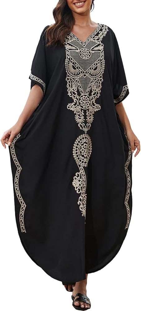 Eddoyee Women Kaftan Dresses Embroidered Plus Size Caftan Loungewear V-neck Loose Beach Bathing Suit Cover-Ups