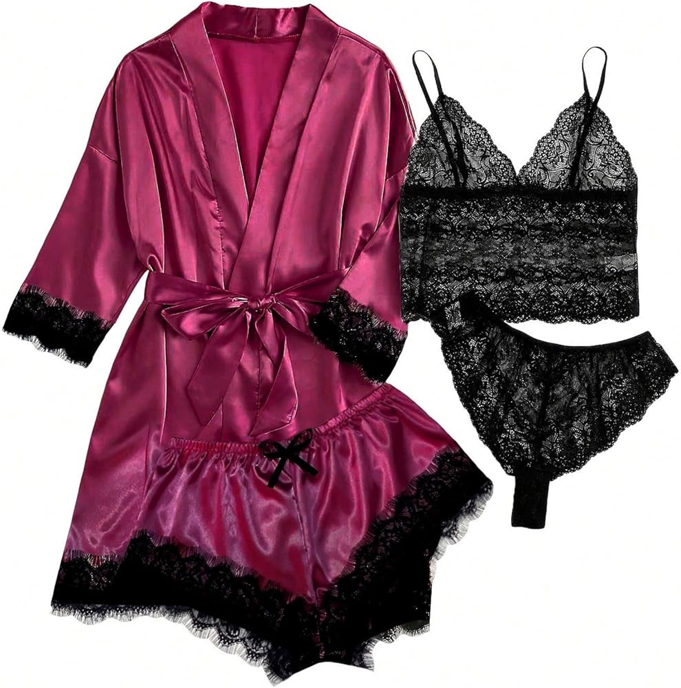 Womens Satin Pajama Set with Robe 4pcs Silk Sexy Sleepwear Lace Lingerie Cami Lounge Soft Shorts Nightwear Set