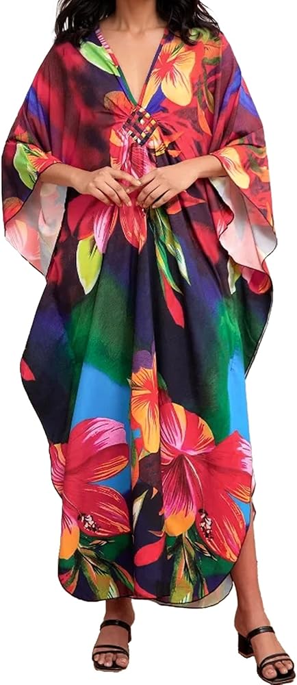 Women's Caftan Printed Dress Sunscreen Short Sleeved Swimsuit for Kaftan Mumus for Women with Pockets Women