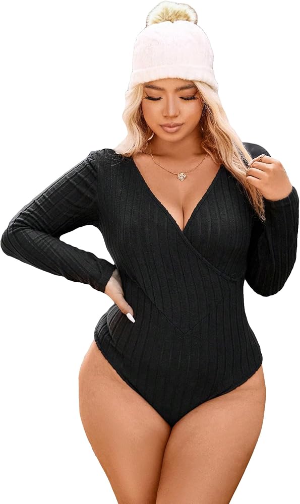 WDIRARA Women's Plus Size Ribbed Knit Wrap V Neck Long Sleeve Stretchy Basic Bodysuit Tops