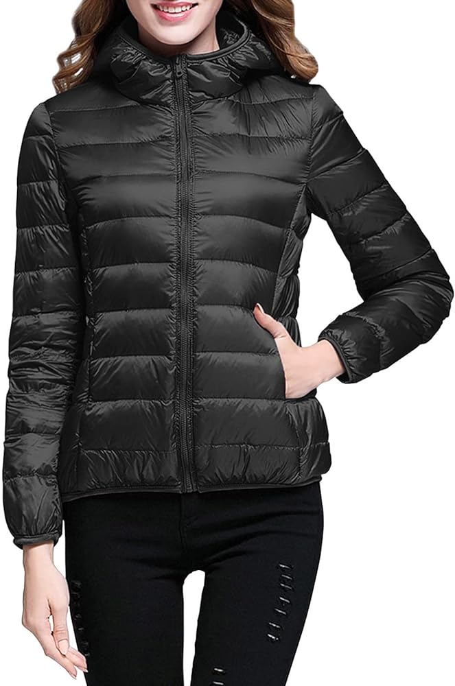 Womens Puffer Jacket Lightweight Full-Zip Quilted Pullover Plus Size Thermal Winter Coat with Hood Pockets