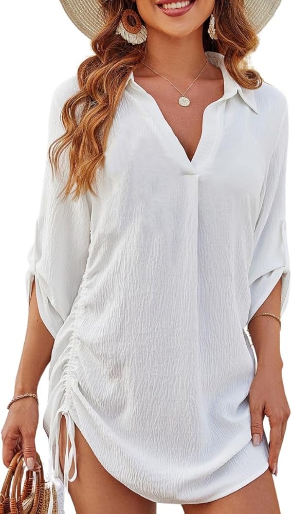 Women's Bathing Suit Cover Ups 3/4 Sleeve V Neck Drawstring Side Swimwear Dress Shirt