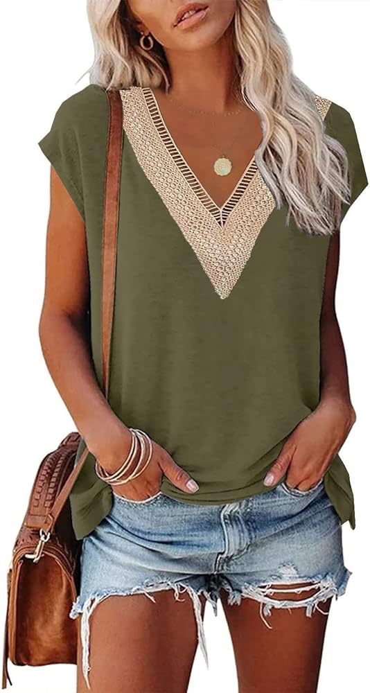 Summer Tops for Women 2024 Trendy Cute Tank Top Loose V Neck Short Sleeve Shirts Comfy Soft Going Out Blouses