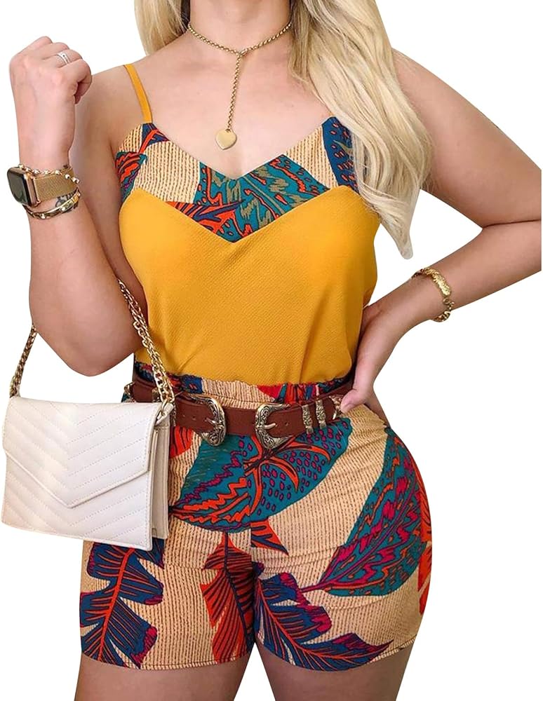 Women's Summer Clothes Set Sleeveless Vest Tank Top Leaf Printed Shorts Casual Tracksuit