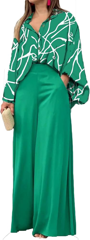 MRSYVES Two Piece Set For Women Loose Printed Lapel Shirt Wide Leg Pants With Pocket Casual Office Vacation Wedding Outfit Green Line-XXL