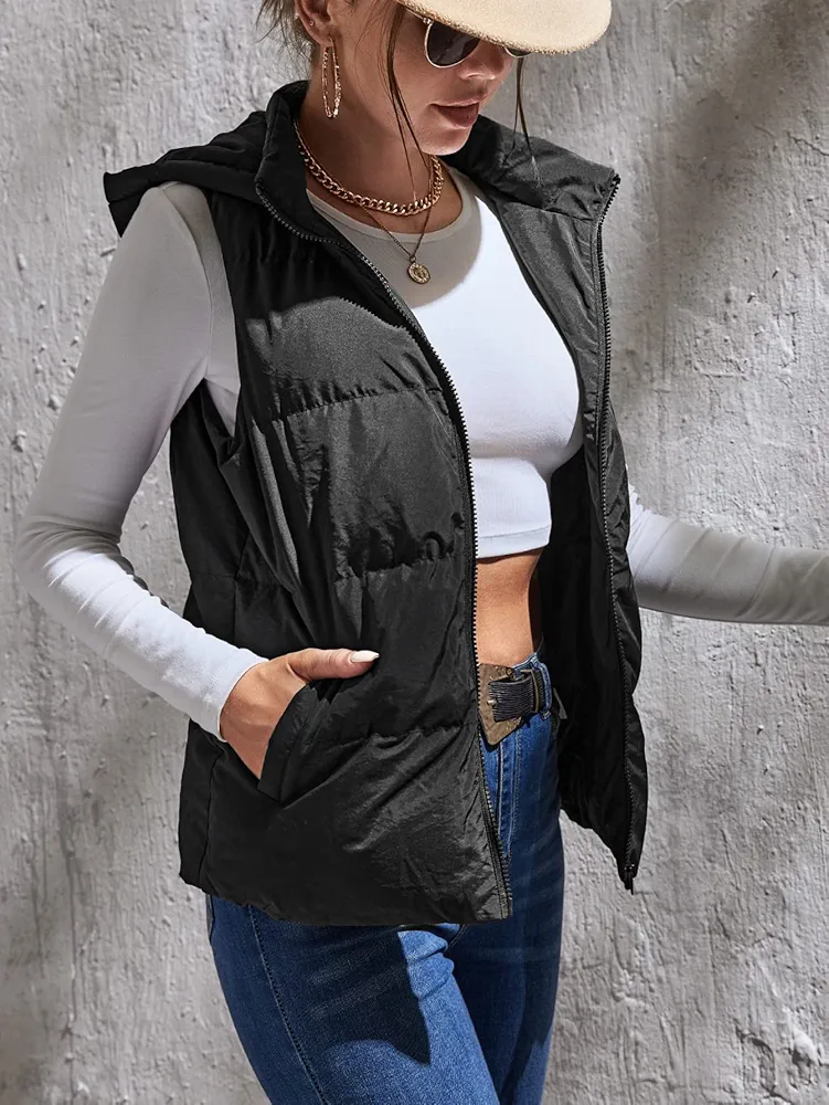 Jacket Women Zip Front Hooded Vest Puffer Coat Jacket Women (Color : Black, Size : Tall XS)