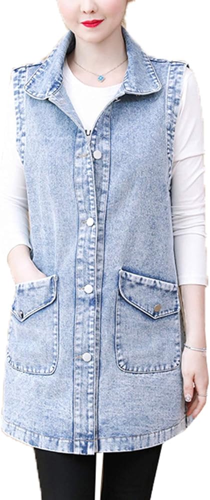 PAODIKUAI Women's Long Lapel Button Down Denim Vests Sleeveless Jean Jacket with Pockets