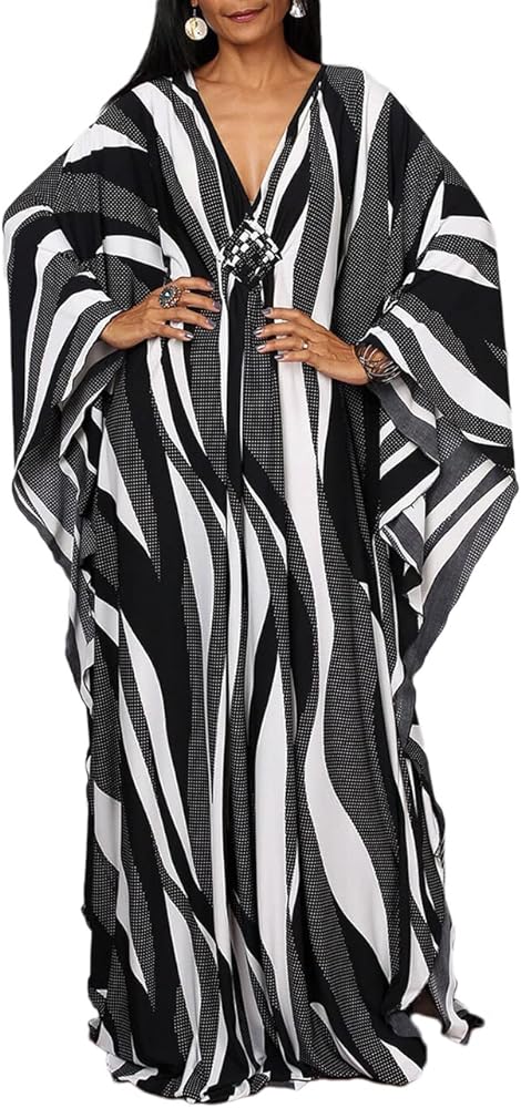 Bsubseach Women Ethnic Print Kaftan Beach Dress Plus Size Swimsuit Cover Up