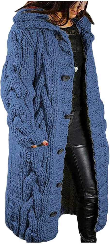 joysale Women Fashion Winter Knit Cardigan Cable Knit Cardigan With Hood Chunky Long Jacket With Pocket Fuzzy Coat