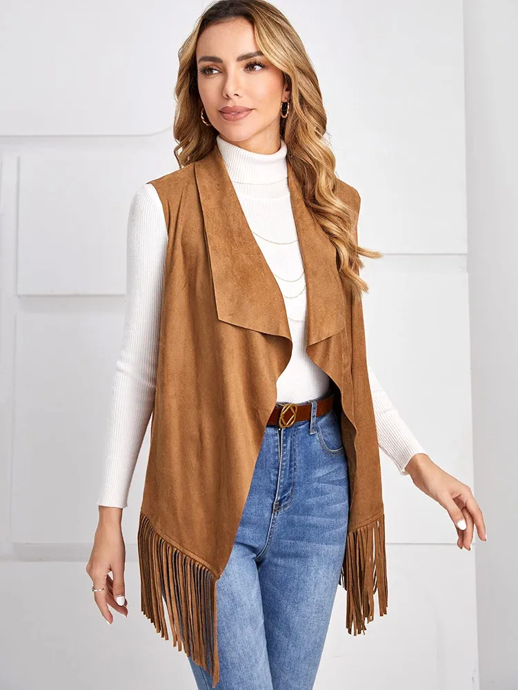 Womens Jackets Jackets for Women Waterfall Collar Fringe Hem Faux Suede Vest Coat (Color : Khaki, Size : Medium)