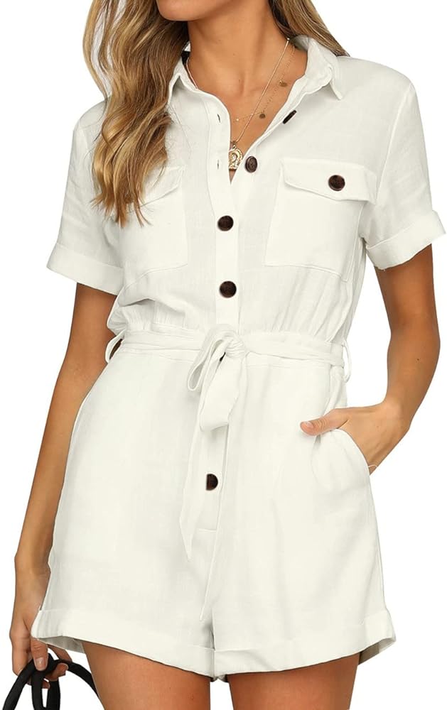 Vetinee Womens Summer Pockets Belted Romper Button Short Sleeve Jumpsuit Playsuit