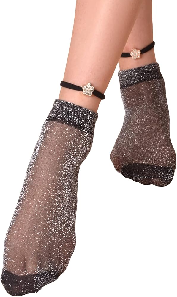 OYOANGLE Women's Sheer Glitter Ankle Socks Silky Transparent Socks Sparkly Shiny Short Sock