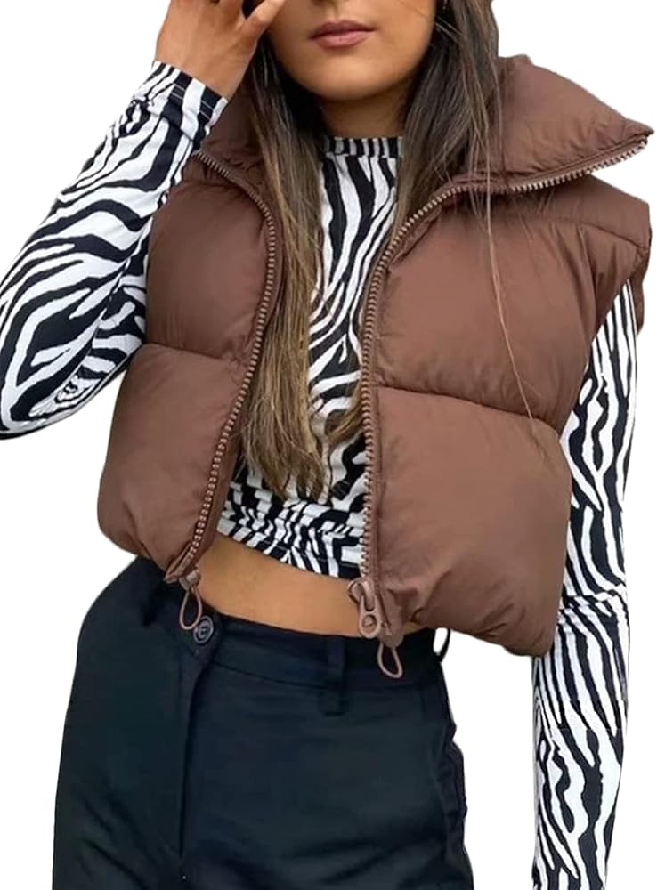 Women's Lightweight Cropped Puffer Vest Quilted Padded Zip Up Sleeveless Jacket