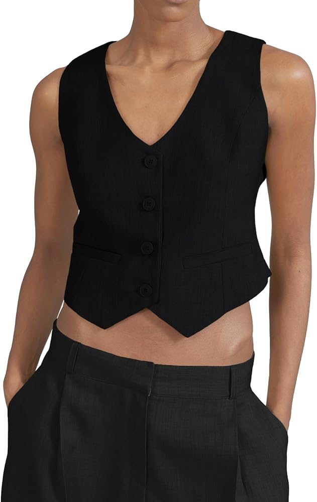 Saodimallsu Women's Button Down Vest V Neck Sleeveless Cropped Regular Fitted Waistcoats