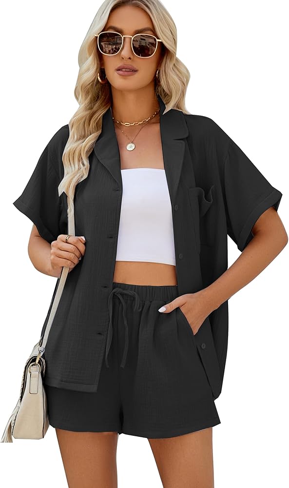 Flygo Women 2 Piece Outfits Set Cotton Linen Button Down Shirt Blouses and Shorts Lounge Tracksuit Sets(Black-S)