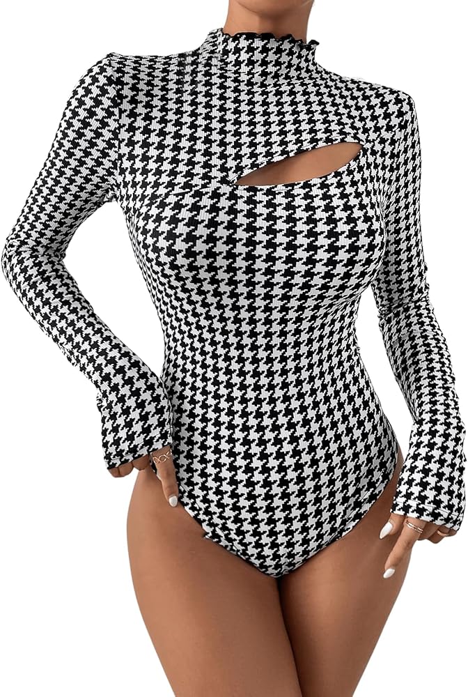 MakeMeChic Women's Houndstooth Print Cut Out Long Sleeve Mock Neck Bodysuit Shirt Tops