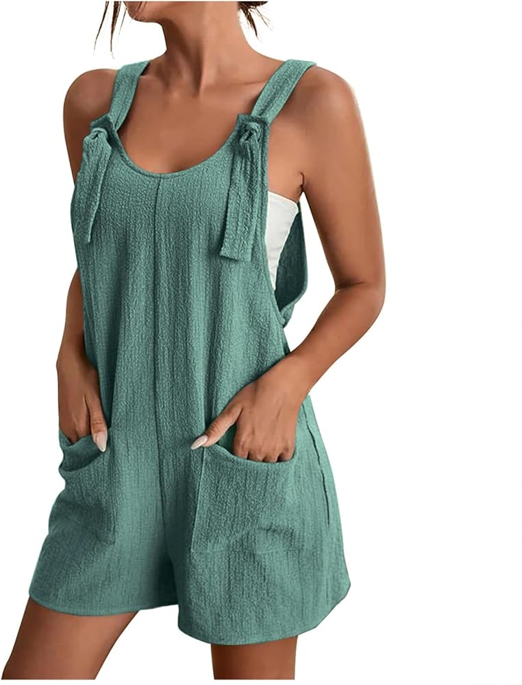 BOXIACEY Summer Overalls for Women 2024 Sleeveless Adjustable Knot Straps Shorts Overall Beach Romper with Pockets