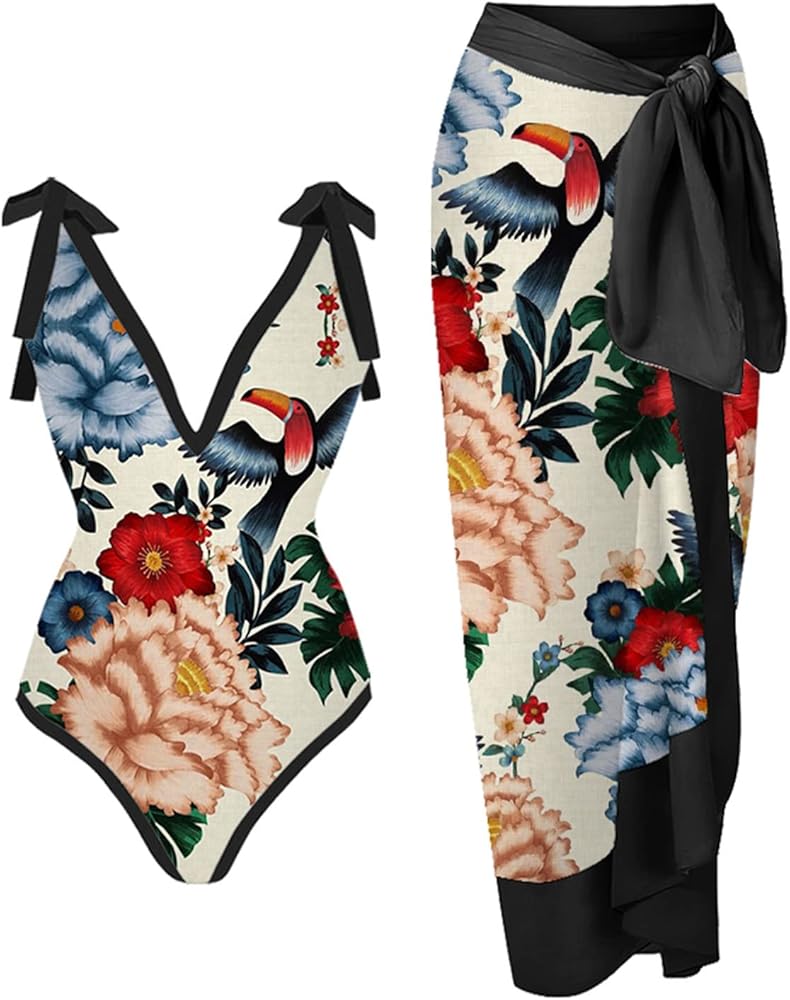 Womens Retro Floral Print Two Piece Bathing Suit with Matching Cover Ups Sexy High Cut Push Up Bikini Set Swimsuit