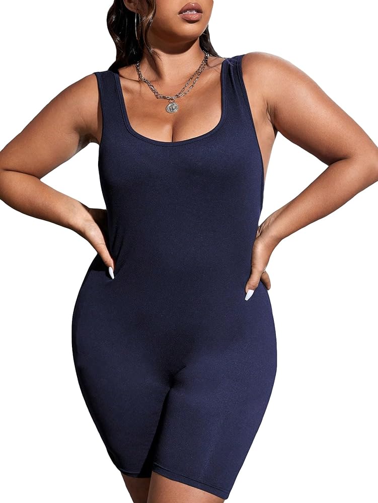 WDIRARA Women's Plus Size Square Neck Sleeveless Bodycon Romper Tank Tops Sexy Short Jumpsuits