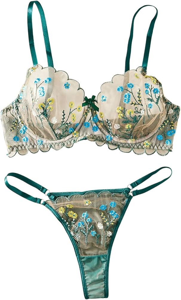 SOLY HUX Lingerie for Women Floral Embroidery Mesh Sheer Underwire Bra and Panty Lingerie Sets