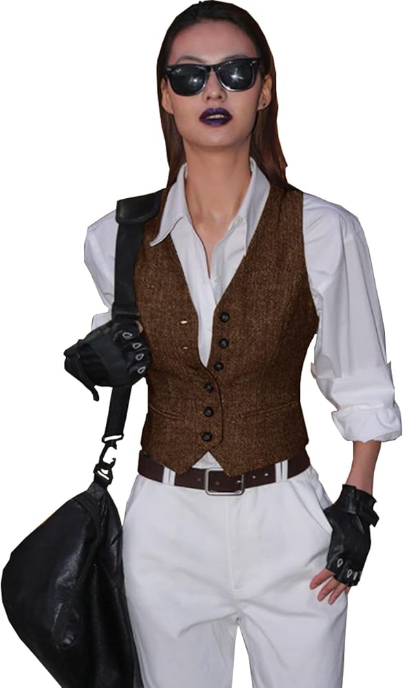 Women's Suit Vest Herringbone Business Work Wear Slim Fit Sleeveless V-Neck Vests Bomber Jacket Waistcoat