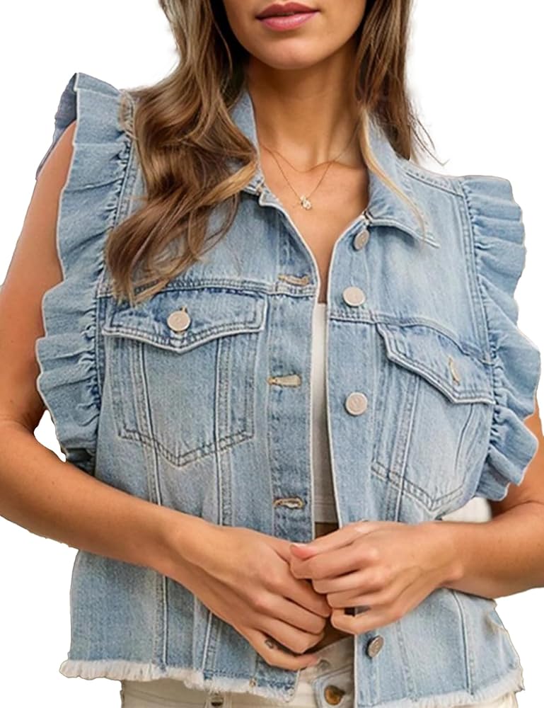 Women's Denim Jean Vest Summer Jean Jacket Ruffled Sleeveless Crop Jean Jackets Coat with Pockets