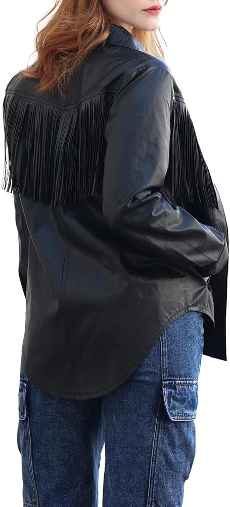 Women's Western Fringe Jackets Long Sleeve Button Down Faux Leather Shirt Tops With Pockets