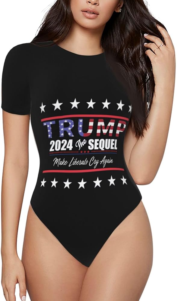 Trump 2024 The Sequel Make Liberals Cry Again Women'S Crew Neck Bodysuit Short Sleeve Soft Shirts Tops