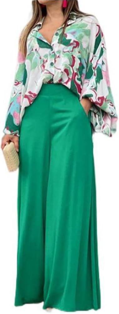 MRSYVES Two Piece Set For Women Loose Printed Lapel Shirt Wide Leg Pants With Pocket Casual Office Vacation Wedding Outfit Green-L