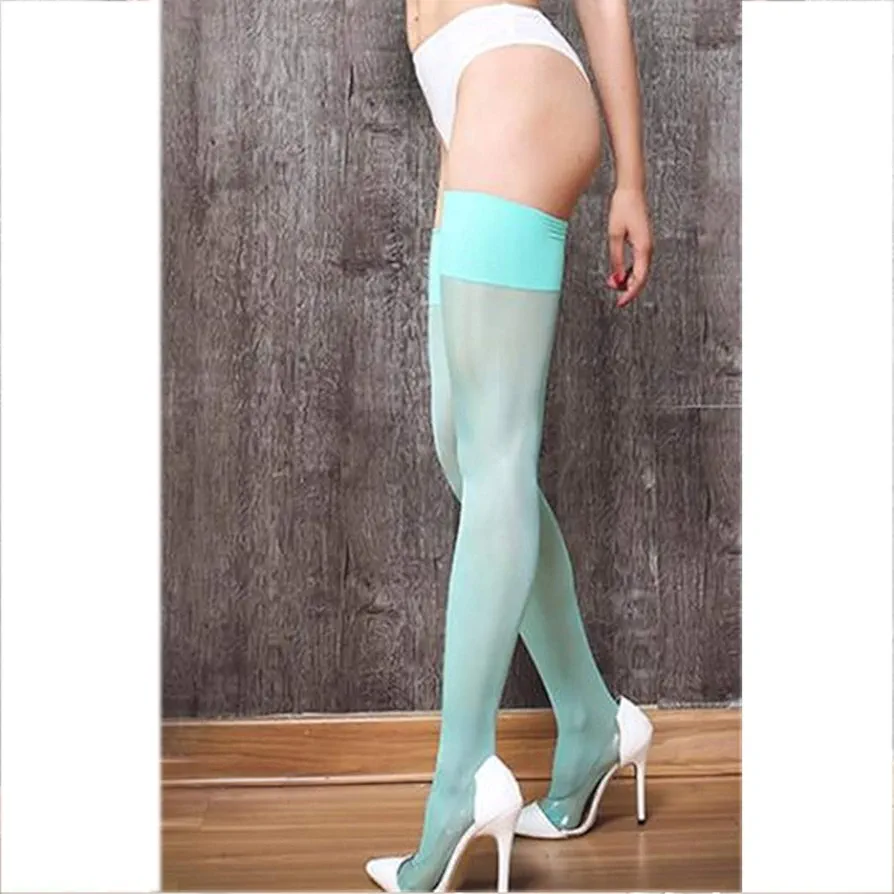 Sexy Oil Shiny Thigh High Stockings 15D Thin Transparent Knee High Stockings Nylon Pantyhose Long Hosiery (Color : Green)