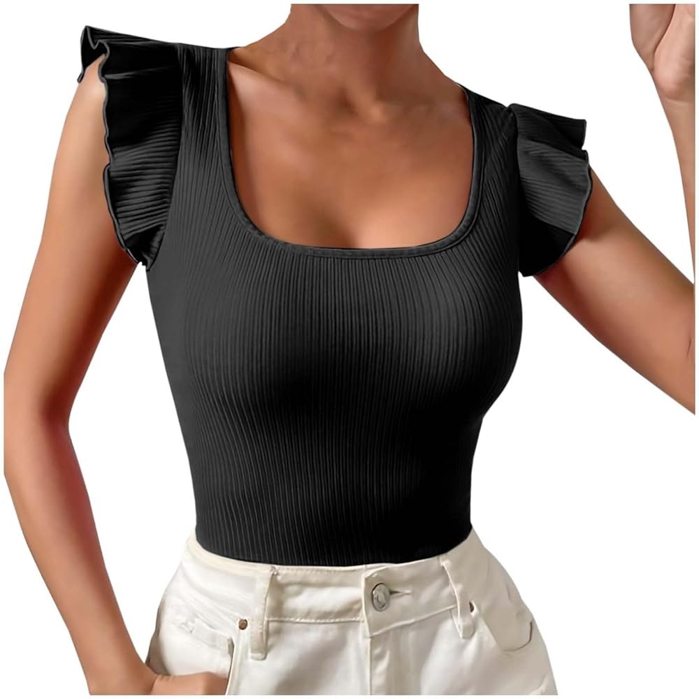 Summer Tops for Women 2024 Square Neck Ruffle Flared Short Sleeve Solid Yoga Jumpsuit Seamless Stretchy Bodysuit