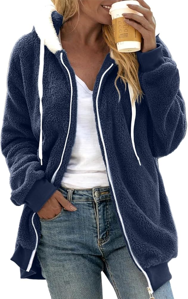 2023 Womens Winter Fuzzy Fleece Jacket Warm Hooded Color Block Cardigan Coats Oversized Fluffy Sherpa Outerwear with Pockets