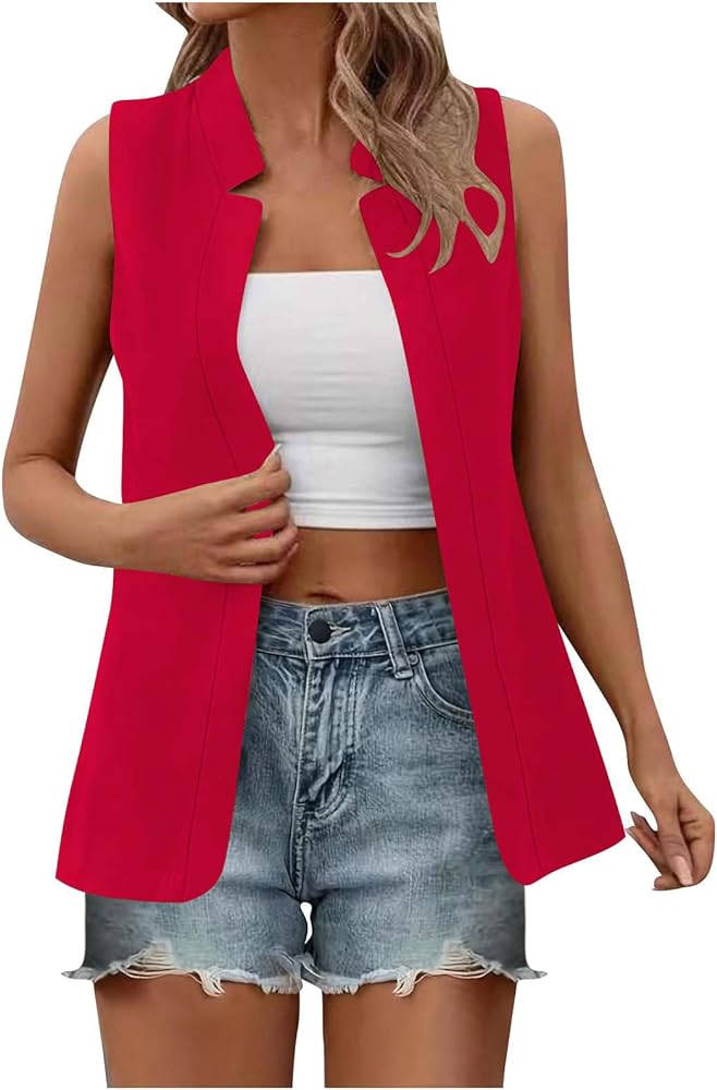 Binmer 2024 Summer Sleeveless Blazer Jackets for Women Fashion Casual Open Front Work Office Vest Tops Lightweight Outwear