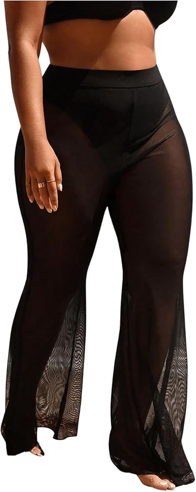 Women's Plus Size Beach Pants Sheer Mesh Swimsuit Coverup High Waisted Bikini Cover Up Bottoms