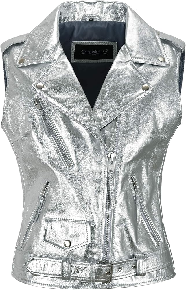 Women Ladies Waistcoat Gilet Vest Silver Foil Lambskin Leather Slim-fit Brando