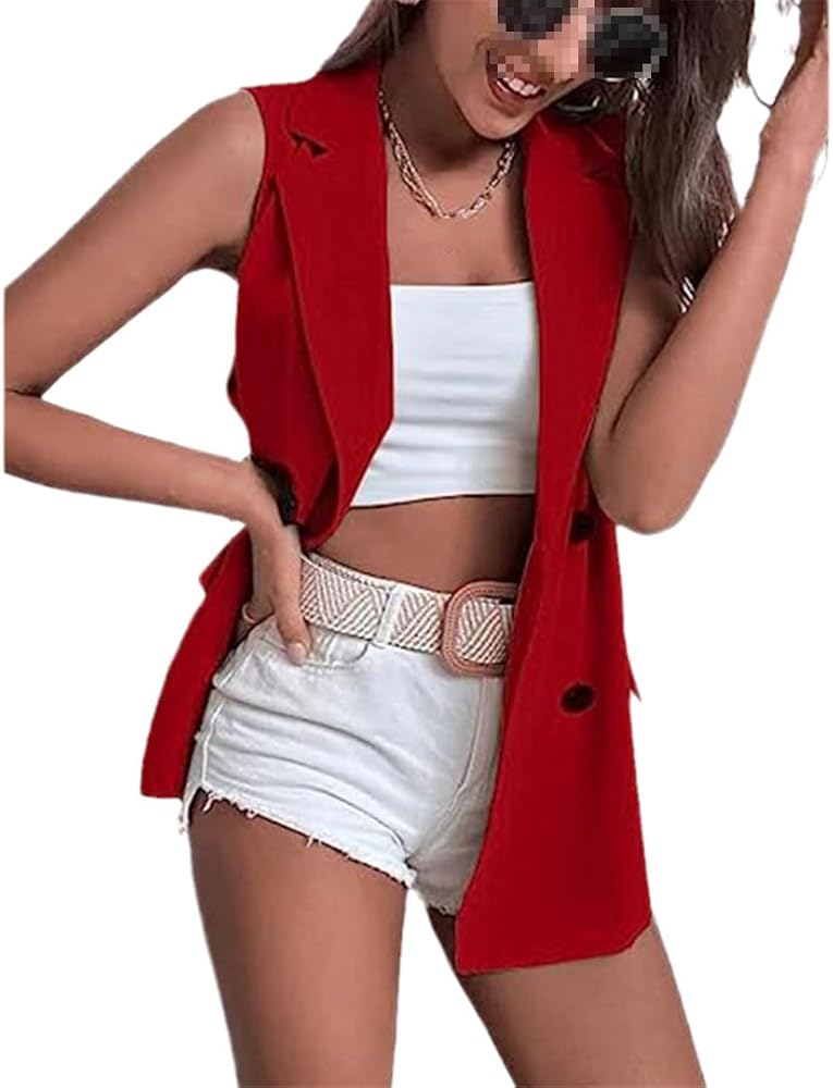 Women's Sleeveless Open Front Cardigan Vest Casual Double Breasted Vest Blazer Jacket With Pockets