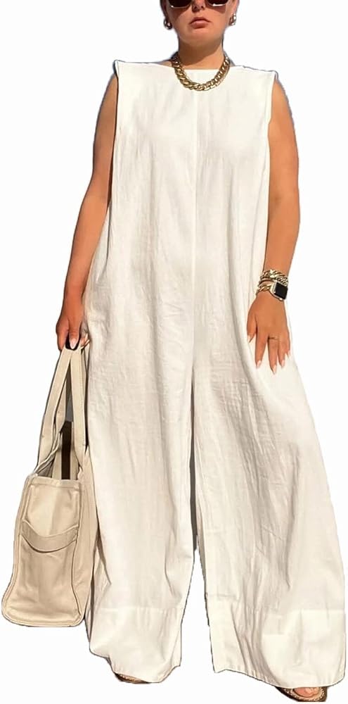 WOKANSE Women's Loose Fit Sleeveless Casual Solid Wide Leg Jumpsuit Long Pants Romper Plus Size