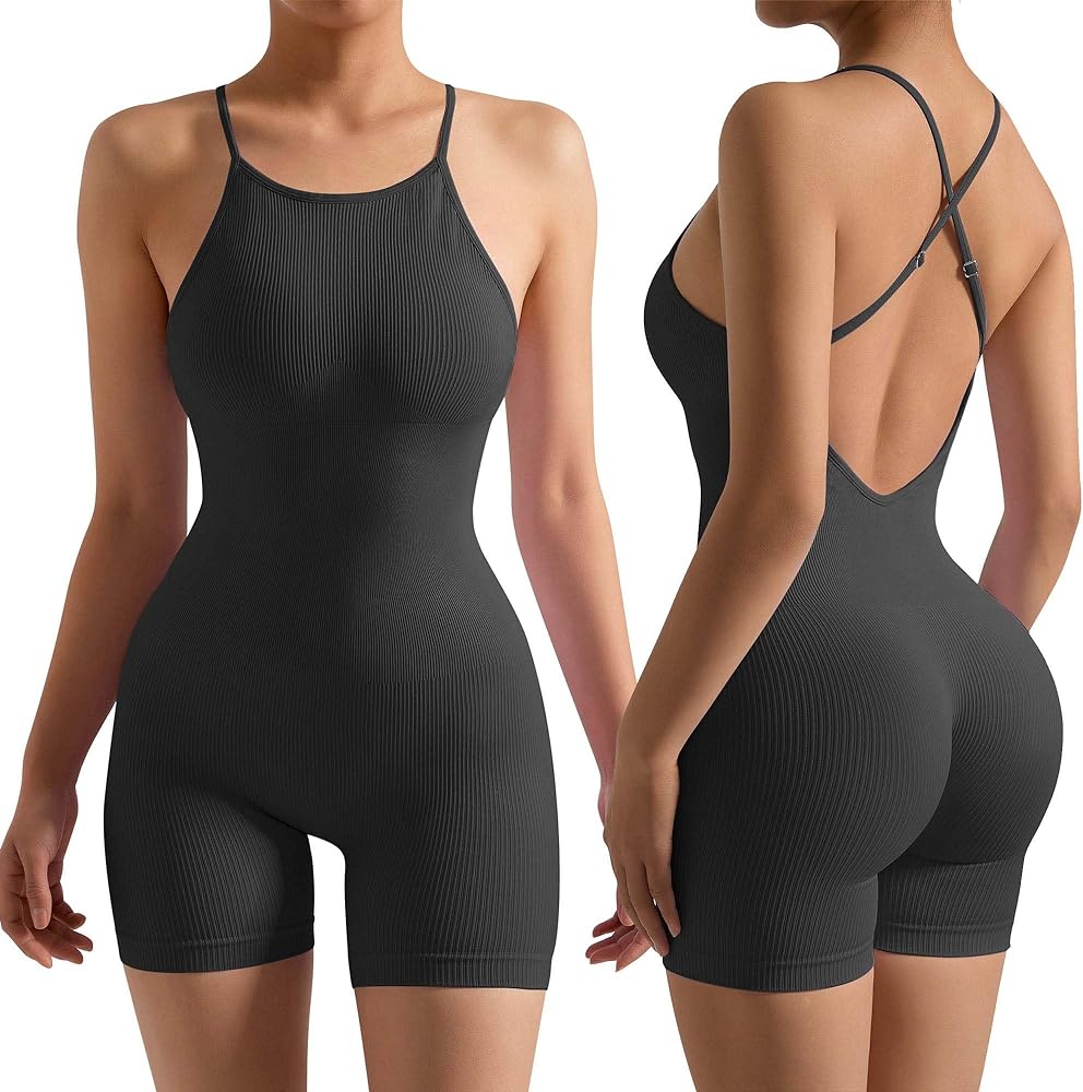 RXRXCOCO Women Strappy Backless Seamless One Piece Jumpsuits Shorts Tummy Control Workout Yoga Romper