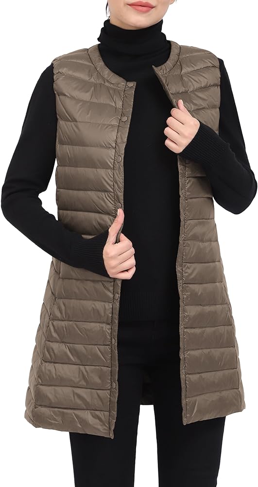 ELFJOY Long Puffer Vest Lightweight Womens Vests Outerwear Button Round Neck Sleeveless Long Down Vest No Collar