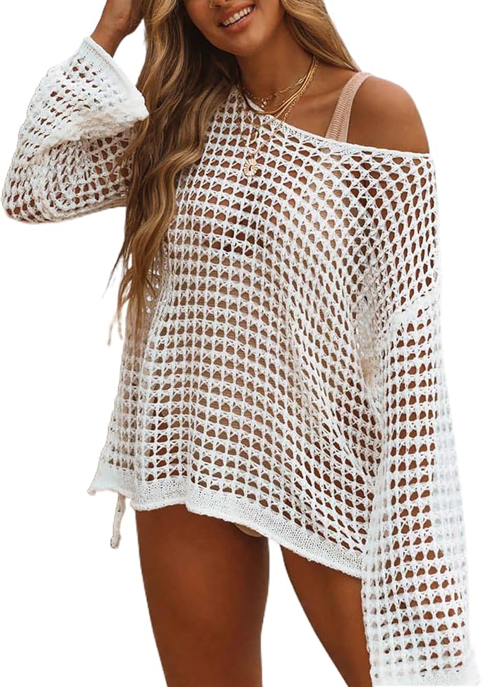 Crochet Coverups for Women Sexy Crochet Swim Cover Up Hollow Out Long Sleeve Beach Bikini Swimsuit Knit Mesh Cover Up Top