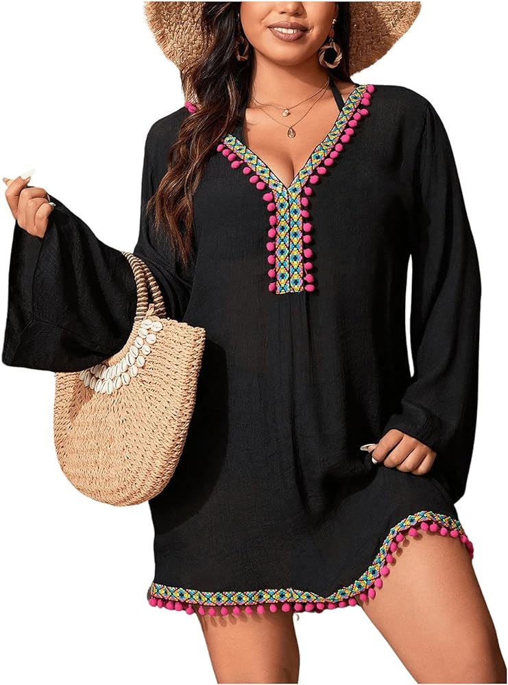 MakeMeChic Women's Plus Size Geometric Tape Tassel Trim Swimsuit Cover Up V Neck Long Sleeve Vacation Beach Dress