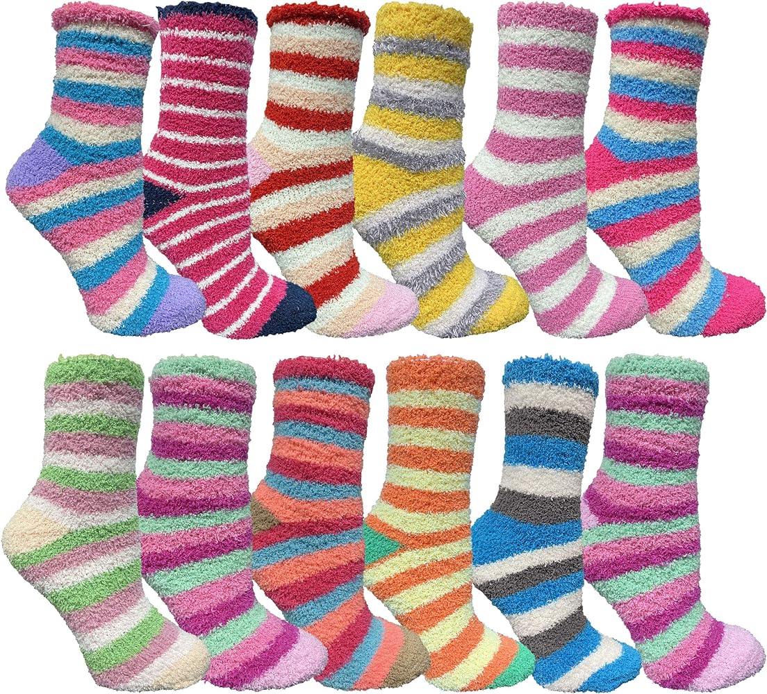 Yacht & Smith 12 Pairs Womens Warm And Cozy Fuzzy Socks, Colorful Winter Bulk Furry Sock